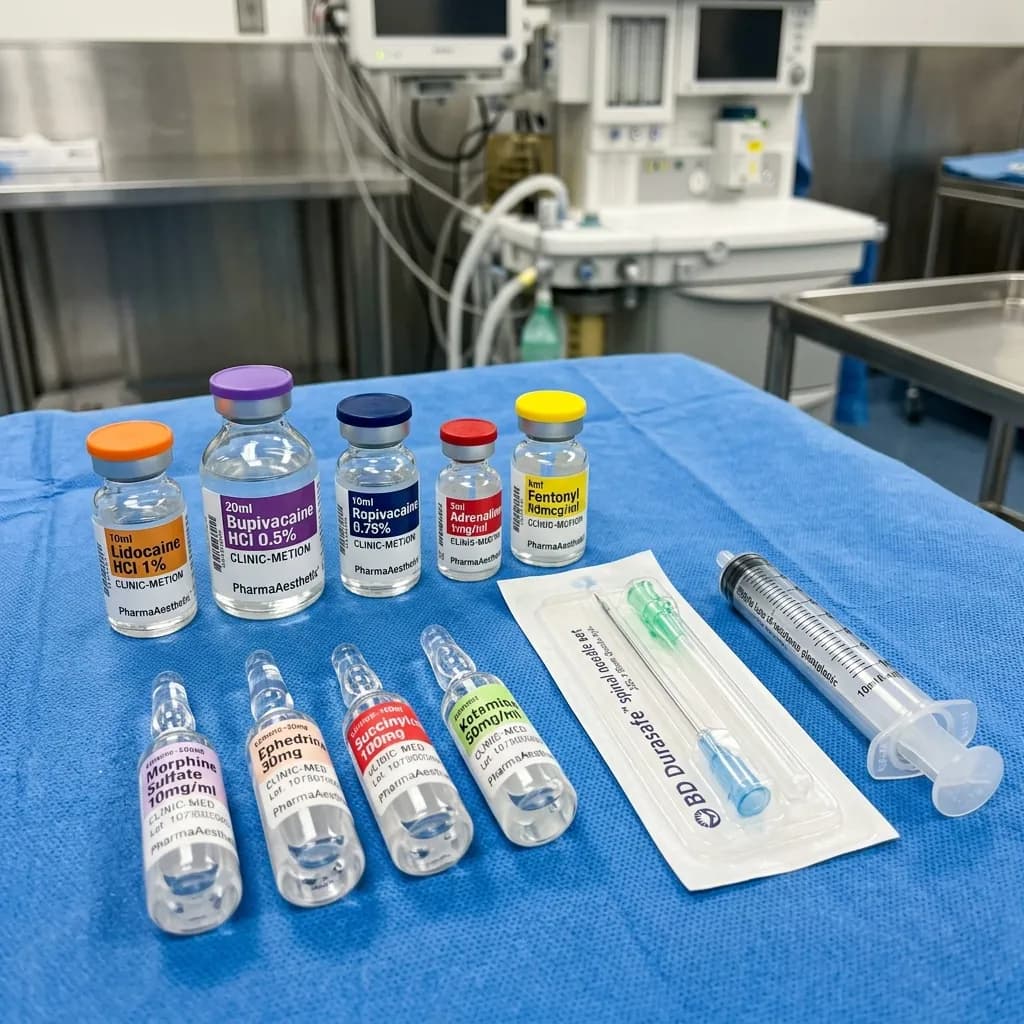 Hospital anaesthesia and analgesia medicines, local anaesthetics, spinal needle and epidural syringe