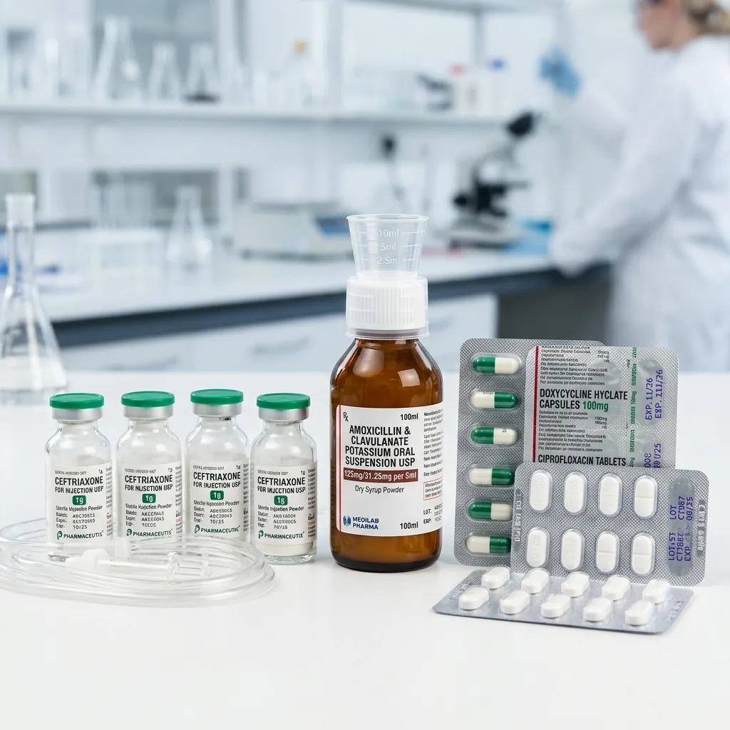 Antibiotic and anti-infective medications in vials, oral suspension syrup and blister packs