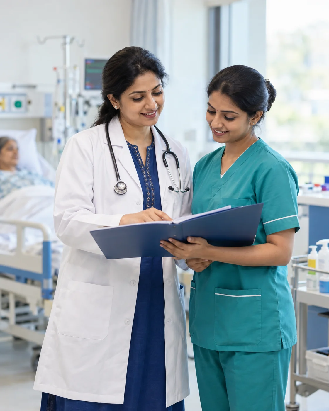 A doctor and nurse reviewing a patient-care chart together in a hospital ward